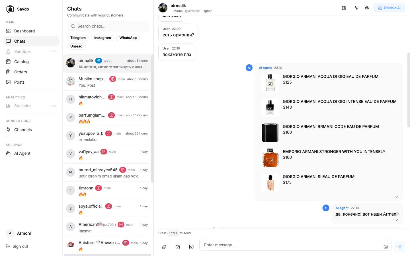 Savdo AI agent showing product cards in a messenger conversation