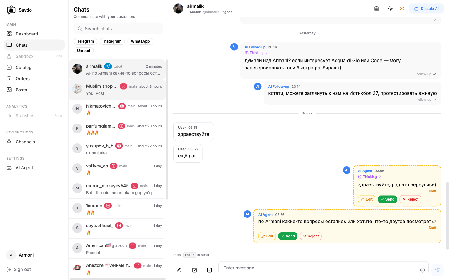 Review mode — approve, edit or reject AI drafts before sending